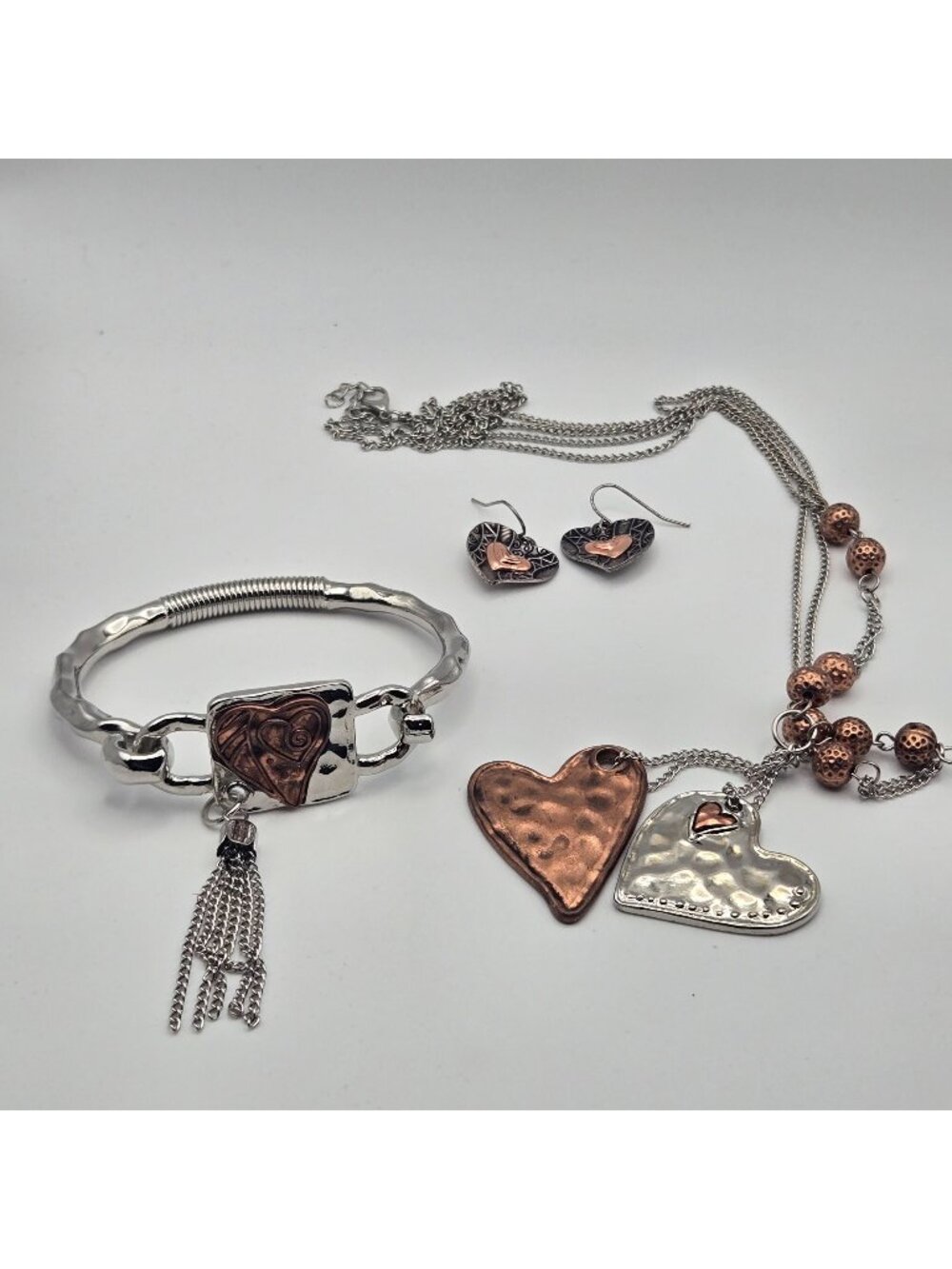 Vintage Heart Jewelry Set Copper Silver Bracelet Earrings Necklace Hammered Tass